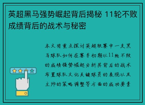 英超黑马强势崛起背后揭秘 11轮不败成绩背后的战术与秘密 英超黑马强势崛起背后揭秘 11轮不败成绩背后的战术与秘密