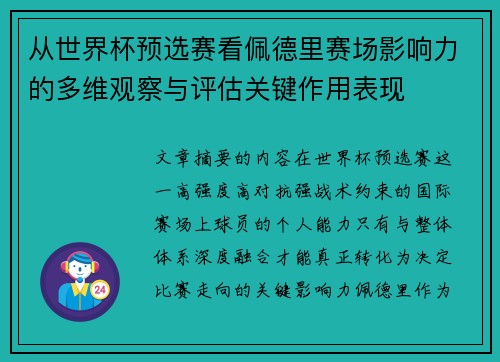 从世界杯预选赛看佩德里赛场影响力的多维观察与评估关键作用表现