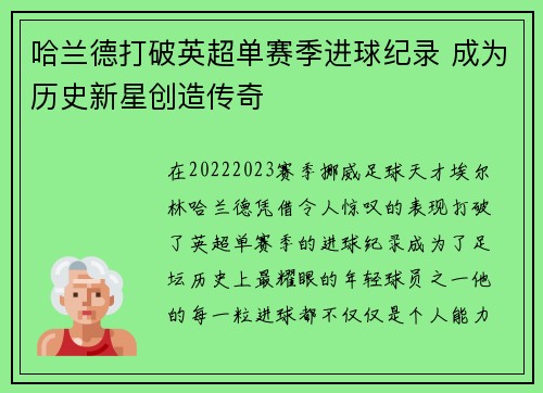 哈兰德打破英超单赛季进球纪录 成为历史新星创造传奇 哈兰德打破英超单赛季进球纪录 成为历史新星创造传奇